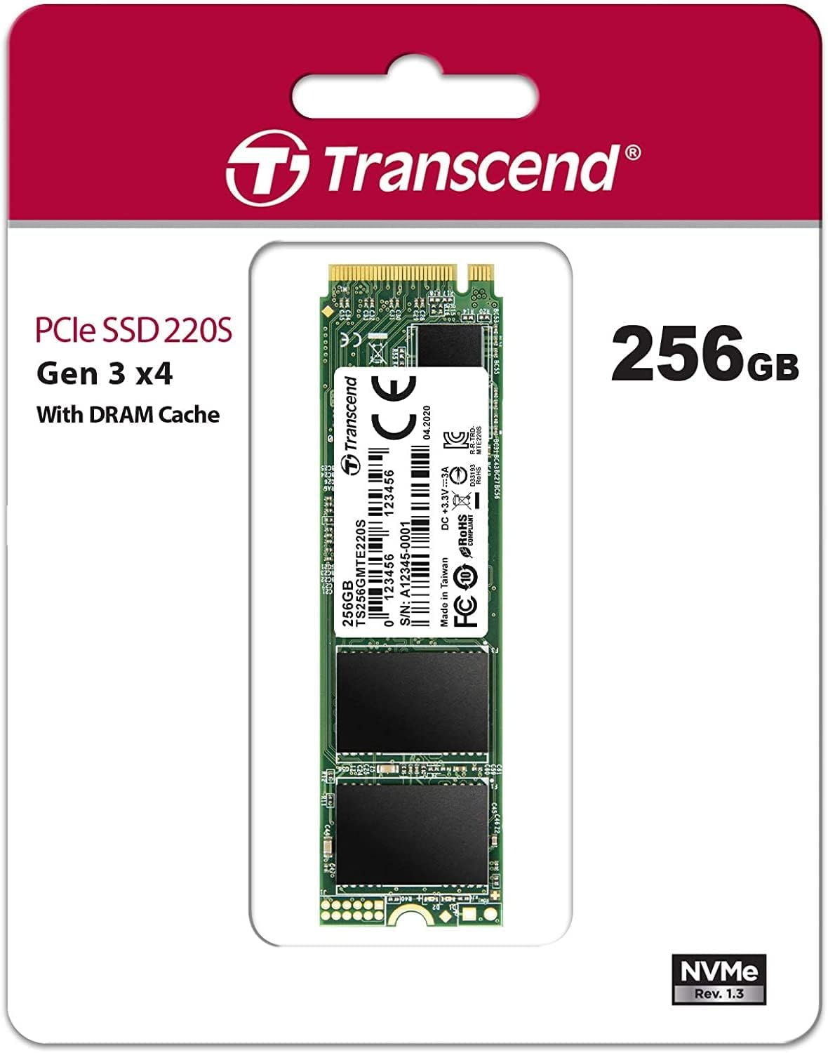 Transcend MTE220S 256 GB NVMe PCIe Gen3 x4 M.2 2280 Internal Solid State Drive (SSD) 3D TLC NAND with DRAM Cache (TS256GMTE220S