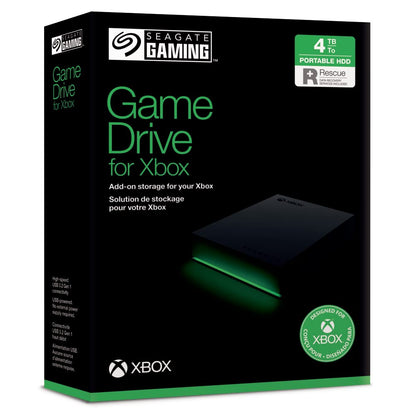 Seagate Game Drive for Xbox, 4TB, External Hard Drive Portable, USB 3.2 Gen 1, Black with built-in green LED bar, Xbox Certified, 2 year Rescue Services (STKX4000402