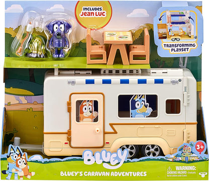 Bluey's Caravan Adventure Playset Flip and Fold Out Feature Kitchen and Camp Beds including 2.5 Inch Jean Luc Articulated Action Figure and Camp Fire Accessories