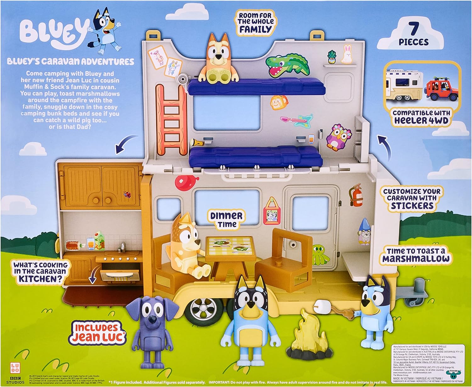 Bluey's Caravan Adventure Playset Flip and Fold Out Feature Kitchen and Camp Beds including 2.5 Inch Jean Luc Articulated Action Figure and Camp Fire Accessories