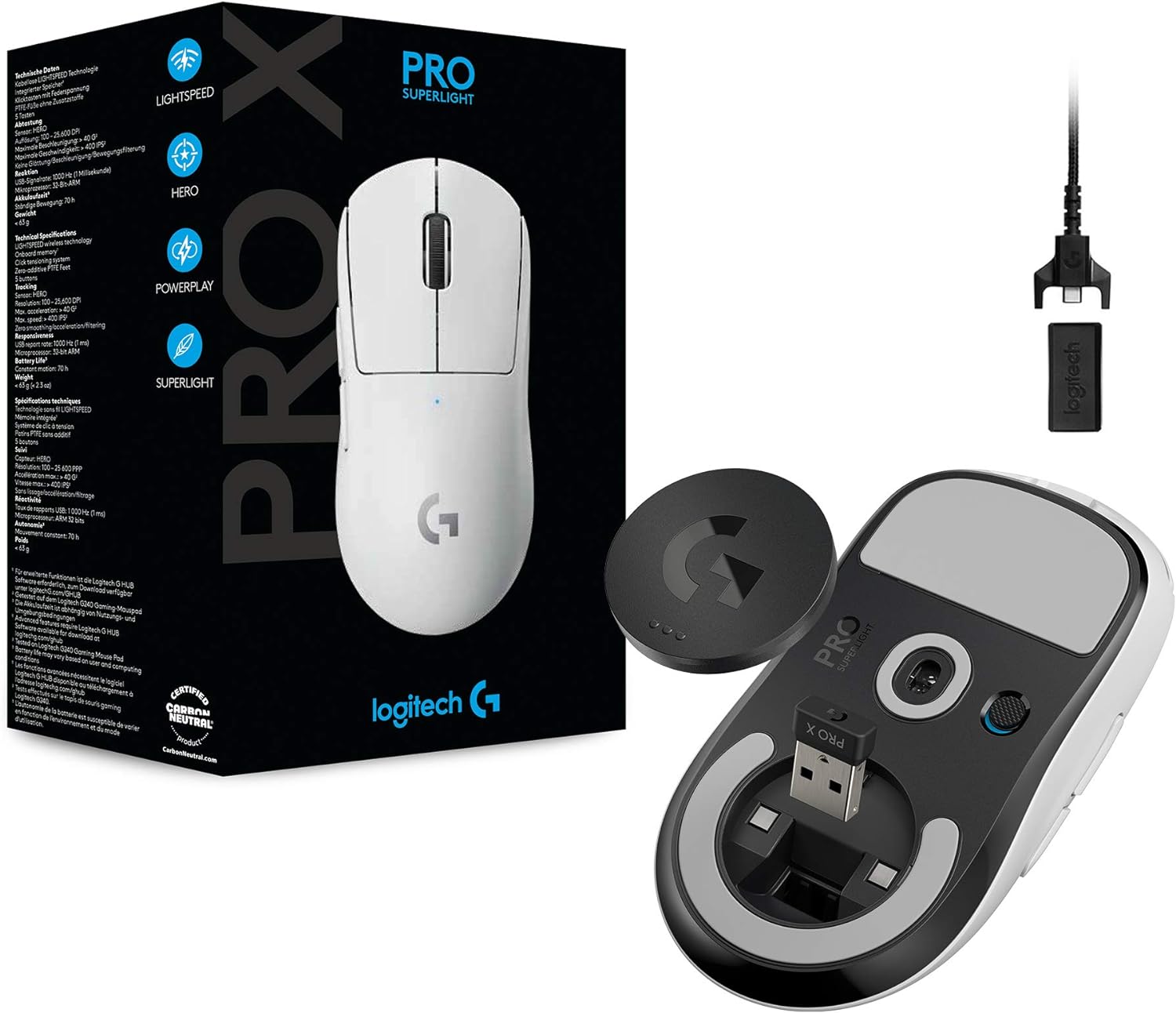 Logitech G PRO X SUPERLIGHT Wireless Gaming Mouse, HERO 25K Sensor, Ultra-light with 63g, 5 Programmable Buttons, 70 hours Battery Life, Zero Additive PTFE Feet, PC/Mac