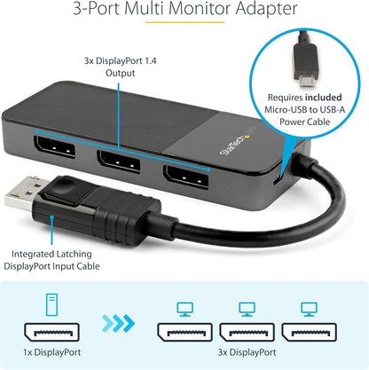 StarTech.com 3-Port DisplayPort 1.4 Splitter, DisplayPort to 3x DP Multi-Monitor Adapter, Triple 4K Computer MST Hub, USB Bus-Powered, Windows Only (MST14DP123DP
