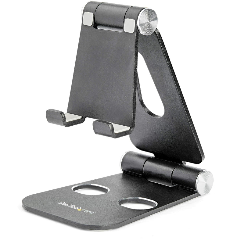 StarTech.com Phone and Tablet Stand - Foldable Universal Mobile Device Holder for Smartphones & Tablets - Adjustable Multi-Angle Ergonomic Cell Phone Stand for Desk - Portable - Black (USPTLSTNDB