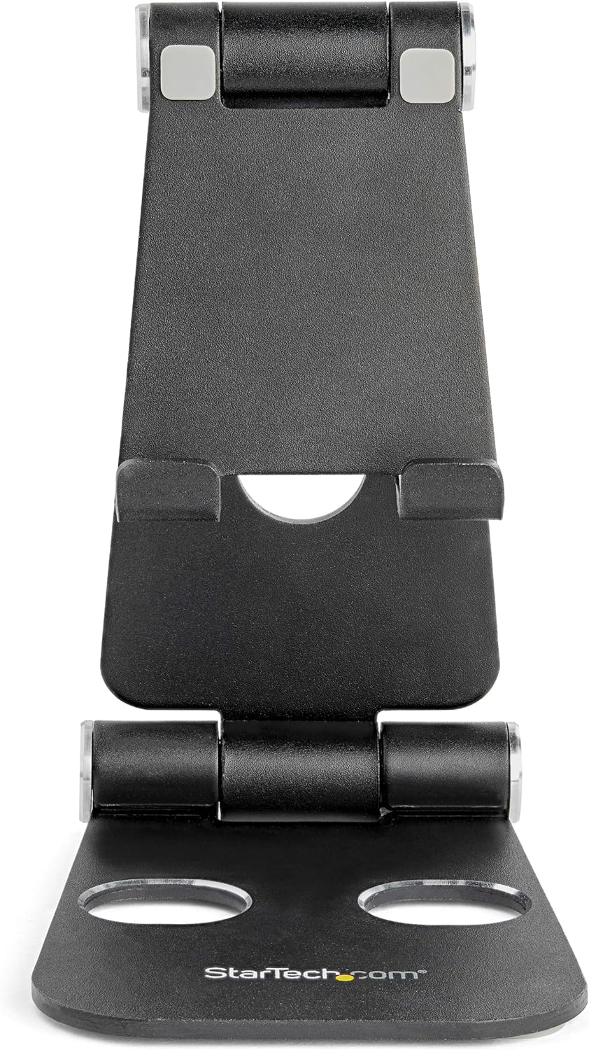 StarTech.com Phone and Tablet Stand - Foldable Universal Mobile Device Holder for Smartphones & Tablets - Adjustable Multi-Angle Ergonomic Cell Phone Stand for Desk - Portable - Black (USPTLSTNDB