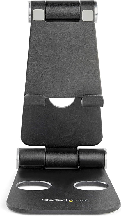 StarTech.com Phone and Tablet Stand - Foldable Universal Mobile Device Holder for Smartphones & Tablets - Adjustable Multi-Angle Ergonomic Cell Phone Stand for Desk - Portable - Black (USPTLSTNDB
