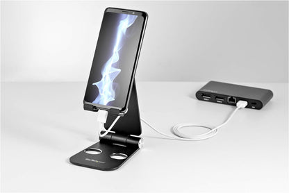 StarTech.com Phone and Tablet Stand - Foldable Universal Mobile Device Holder for Smartphones & Tablets - Adjustable Multi-Angle Ergonomic Cell Phone Stand for Desk - Portable - Black (USPTLSTNDB