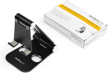 StarTech.com Phone and Tablet Stand - Foldable Universal Mobile Device Holder for Smartphones & Tablets - Adjustable Multi-Angle Ergonomic Cell Phone Stand for Desk - Portable - Black (USPTLSTNDB