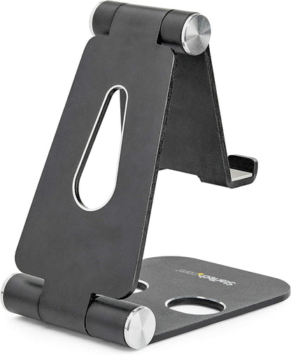 StarTech.com Phone and Tablet Stand - Foldable Universal Mobile Device Holder for Smartphones & Tablets - Adjustable Multi-Angle Ergonomic Cell Phone Stand for Desk - Portable - Black (USPTLSTNDB