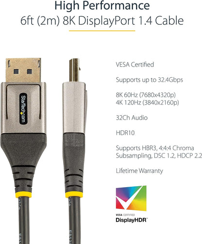 StarTech.com 6ft (2m) VESA Certified DisplayPort 1.4 Cable - 8K 60Hz HDR10 - Ultra HD 4K 120Hz Video - DP 1.4 Cable / Cord - For Monitors/Displays - DisplayPort to DisplayPort Cable - M/M (DP14VMM2M