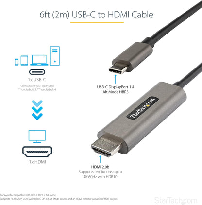 StarTech.com 6ft (2m) USB C to HDMI Cable 4K 60Hz w/ HDR10 - Ultra HD USB Type-C to 4K HDMI 2.0b Video Adapter Cable - USB-C to HDMI HDR Monitor/Display Converter - DP 1.4 Alt Mode HBR3 (CDP2HDMM2MH