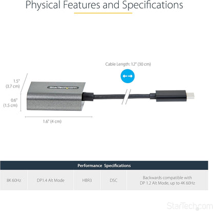 StarTech.com USB C to DisplayPort Adapter, 8K/4K 60Hz USB-C to DisplayPort 1.4 Dongle, USB Type-C to DP Monitor Video Converter, Works w/TB3 - 12" Attached Cable, Upgraded Version of CDP2DP (CDP2DPEC