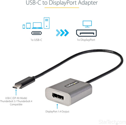 StarTech.com USB C to DisplayPort Adapter, 8K/4K 60Hz USB-C to DisplayPort 1.4 Dongle, USB Type-C to DP Monitor Video Converter, Works w/TB3 - 12" Attached Cable, Upgraded Version of CDP2DP (CDP2DPEC