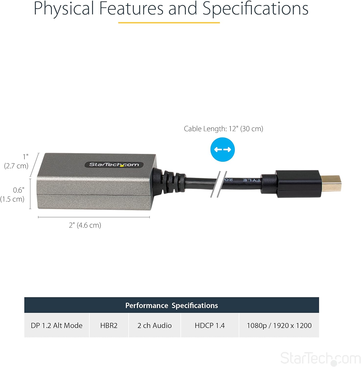 StarTech.com Mini DisplayPort to HDMI Adapter - 1080p - mDP 1.2 to HDMI Monitor/Display - Mini DP to HDMI Adapter Dongle Converter - 12" Long Attached Cable - Upgraded Version of MDP2HDMI (MDP2HDEC