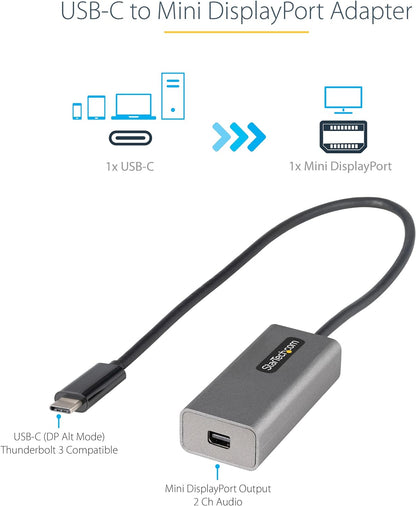 StarTech.com USB C to Mini DisplayPort Adapter, 4K 60Hz USB Type C to mDP/Mini DP Monitor Video Converter Dongle, Thunderbolt 3 Compatible, 12" Attached Cable, Upgraded Version of CDP2MDP (CDP2MDPEC
