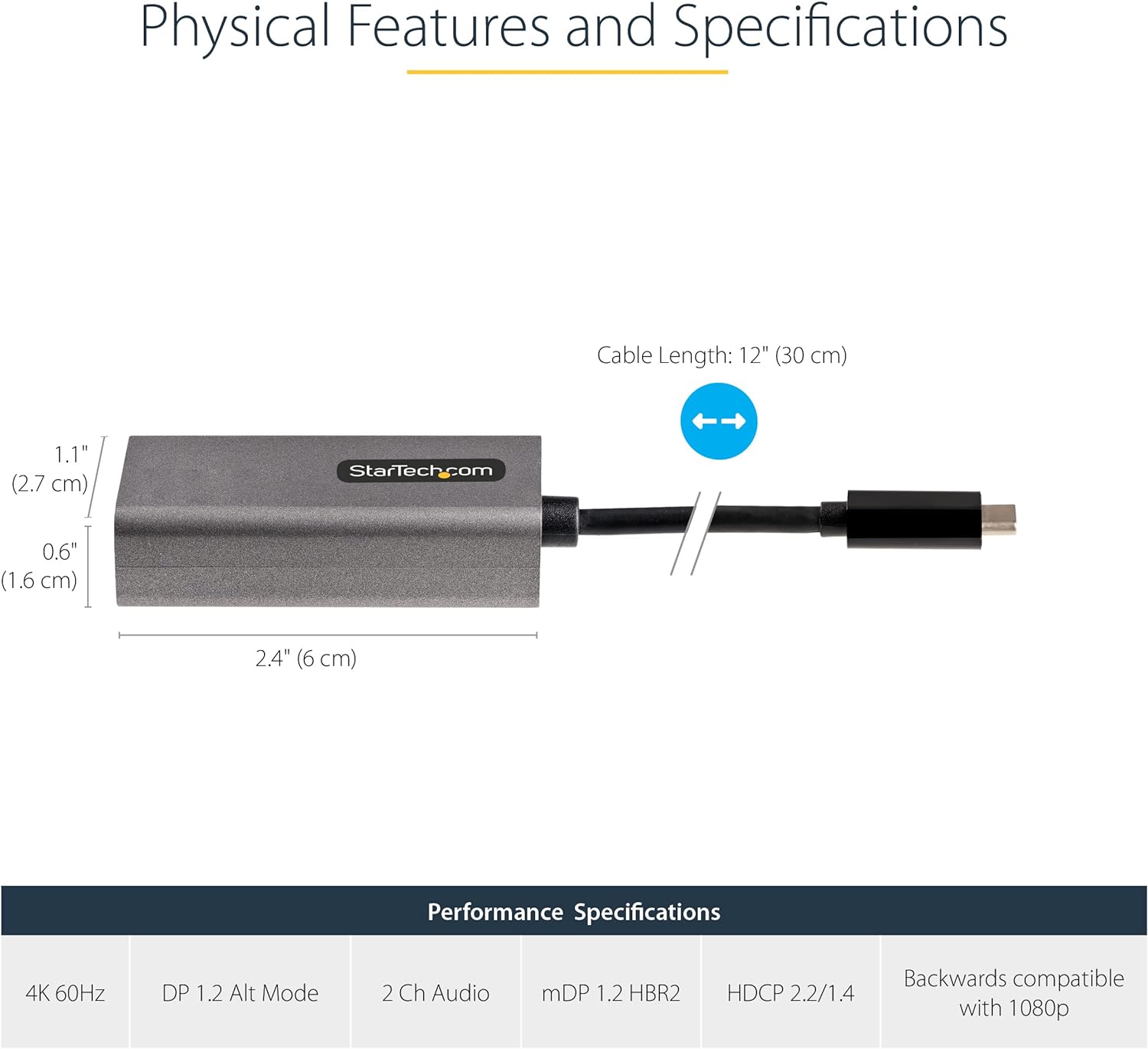 StarTech.com USB C to Mini DisplayPort Adapter, 4K 60Hz USB Type C to mDP/Mini DP Monitor Video Converter Dongle, Thunderbolt 3 Compatible, 12" Attached Cable, Upgraded Version of CDP2MDP (CDP2MDPEC