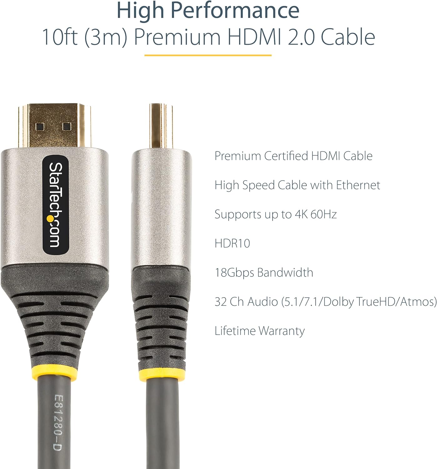 StarTech.com 10ft (3m) Premium Certified HDMI 2.0 Cable - High Speed Ultra HD 4K 60Hz HDMI Cable with Ethernet - HDR10, ARC - UHD HDMI Video Cord - For UHD Monitors, TVs, Displays - M/M (HDMMV3M