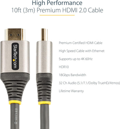 StarTech.com 10ft (3m) Premium Certified HDMI 2.0 Cable - High Speed Ultra HD 4K 60Hz HDMI Cable with Ethernet - HDR10, ARC - UHD HDMI Video Cord - For UHD Monitors, TVs, Displays - M/M (HDMMV3M