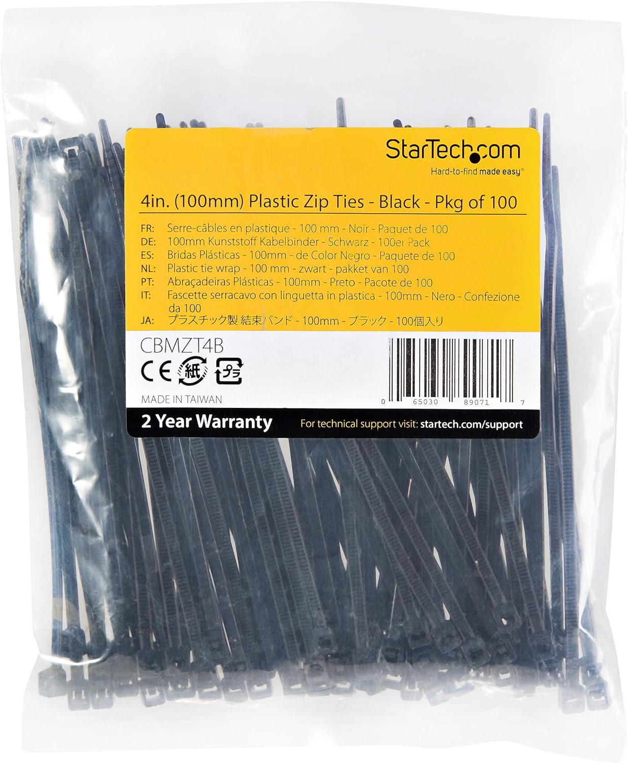 StarTech.com 4"(10cm) Cable Ties - 1/16"(2mm) wide, 7/8"(22mm) Bundle Diameter, 18lb(8kg) Tensile Strength, Nylon Self Locking Zip Ties with Curved Tip - 94V-2/UL Listed, 100 Pack - Black(CBMZT4B) Pack of 100 Black