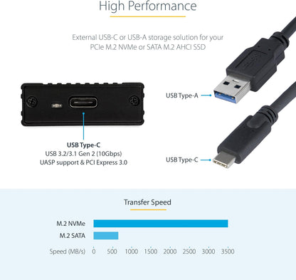 StarTech.com USB-C 10Gbps to M.2 NVMe or M.2 SATA SSD Enclosure - Portable External M.2 PCIe/SATA NGFF SSD Aluminum Case - USB Type-C & USB-A Host Cables - Supports 2230/2242/2260/2280 (SM2E1BMU31C