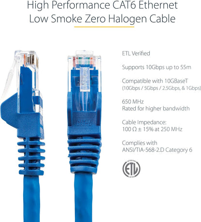 StarTech.com 5m CAT6 Ethernet Cable - LSZH (Low Smoke Zero Halogen) - 10 Gigabit 650MHz 100W PoE RJ45 UTP Network Patch Cord Snagless with Strain Relief - Blue, CAT 6, ETL Verified (N6LPATCH5MBL