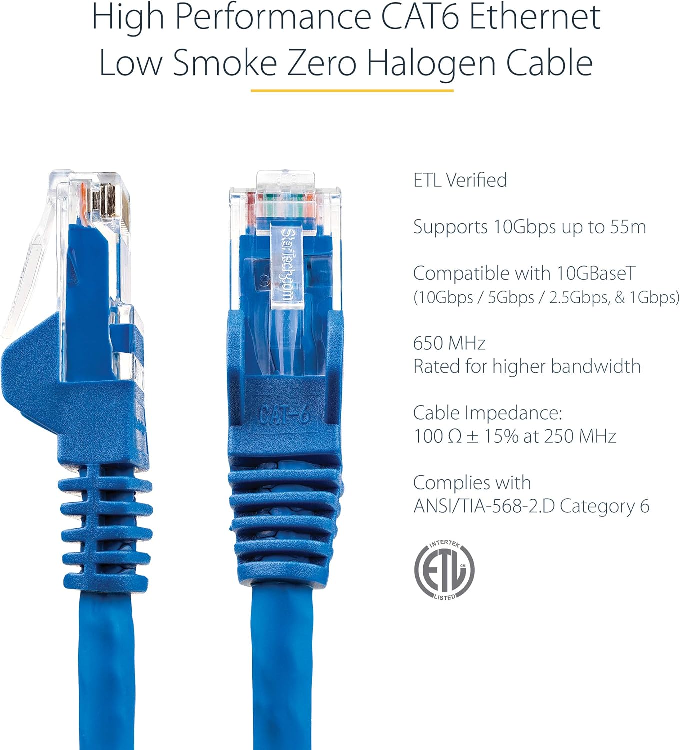 StarTech.com 1m CAT6 Ethernet Cable - LSZH (Low Smoke Zero Halogen) - 10 Gigabit 650MHz 100W PoE RJ45 UTP Network Patch Cord Snagless with Strain Relief - Blue, CAT 6, ETL Verified (N6LPATCH1MBL