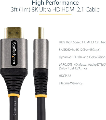StarTech.com 3ft (1m) HDMI 2.1 Cable 8K - Certified Ultra High Speed HDMI Cable 48Gbps - 8K 60Hz/4K 120Hz HDR10+ eARC - Ultra HD 8K HDMI Cable - Monitor/TV/Display - Flexible TPE Jacket, Black