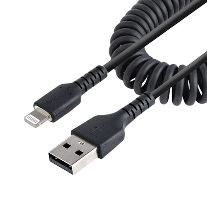 StarTech.com 1m (3ft) USB to Lightning Cable, MFi Certified, Coiled iPhone Charger Cable, Black, Durable TPE Jacket Aramid Fiber, Heavy Duty Coil Lightning Cable (RUSB2ALT1MBC