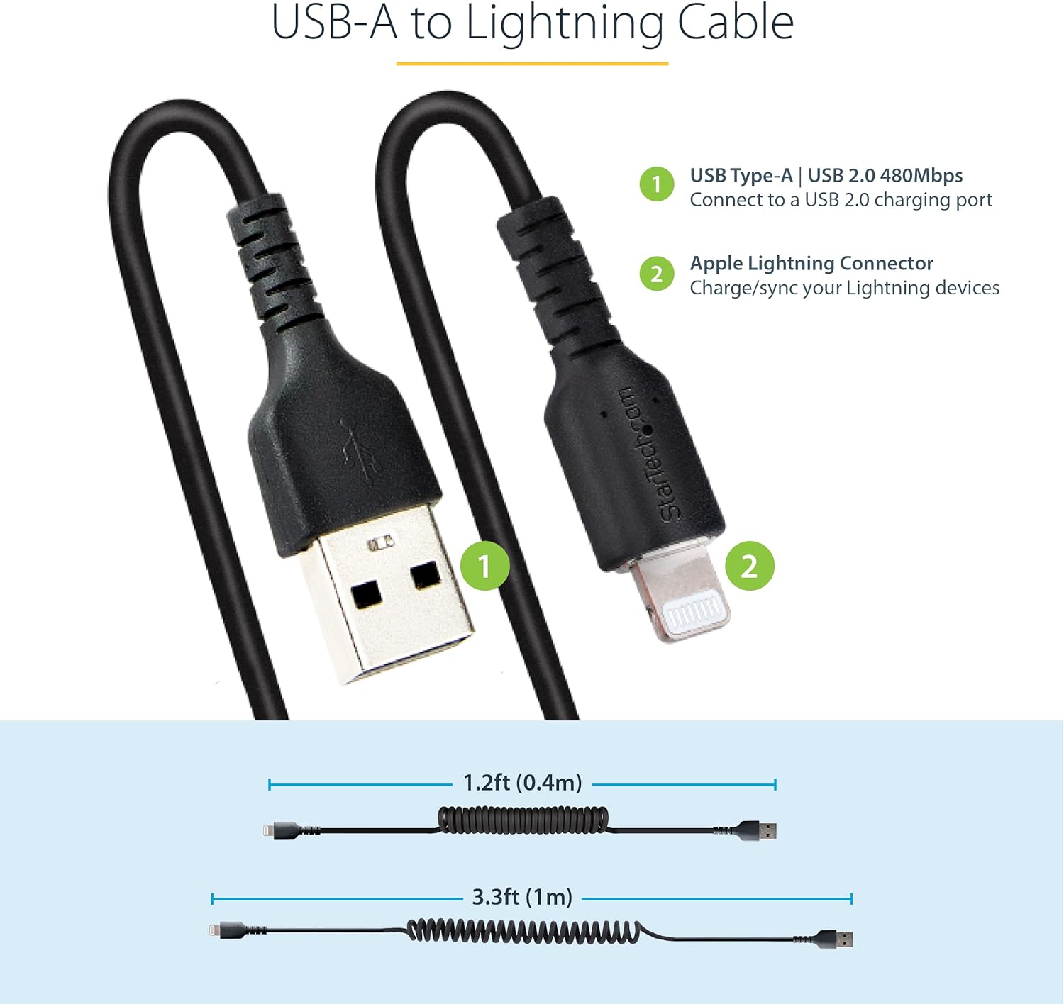 StarTech.com 1m (3ft) USB to Lightning Cable, MFi Certified, Coiled iPhone Charger Cable, Black, Durable TPE Jacket Aramid Fiber, Heavy Duty Coil Lightning Cable (RUSB2ALT1MBC