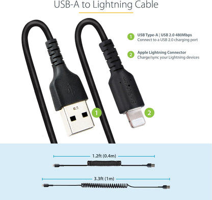 StarTech.com 1m (3ft) USB to Lightning Cable, MFi Certified, Coiled iPhone Charger Cable, Black, Durable TPE Jacket Aramid Fiber, Heavy Duty Coil Lightning Cable (RUSB2ALT1MBC