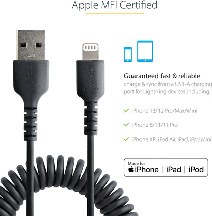 StarTech.com 1m (3ft) USB to Lightning Cable, MFi Certified, Coiled iPhone Charger Cable, Black, Durable TPE Jacket Aramid Fiber, Heavy Duty Coil Lightning Cable (RUSB2ALT1MBC