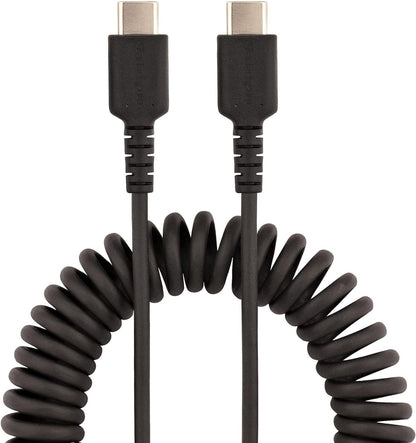StarTech.com 3ft (1m) USB C Charging Cable, Coiled Heavy Duty Fast Charge & Sync USB-C Cable, USB 2.0 Type-C Cable, Rugged Aramid Fiber, Durable Male to Male USB Cable, Black (R2CCC-1M-USB-CABLE