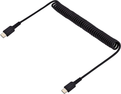 StarTech.com 3ft (1m) USB C Charging Cable, Coiled Heavy Duty Fast Charge & Sync USB-C Cable, USB 2.0 Type-C Cable, Rugged Aramid Fiber, Durable Male to Male USB Cable, Black (R2CCC-1M-USB-CABLE
