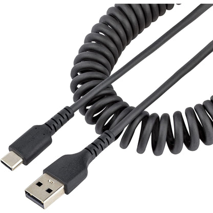 StarTech.com 3ft (1m) USB A to C Charging Cable, Coiled Heavy Duty Fast Charge & Sync USB-C Cable, USB 2.0 A to Type-C Cable, Rugged Aramid Fiber, Durable Male to Male USB, Black (R2ACC-1M-USB-CABLE