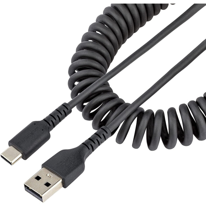 StarTech.com 3ft (1m) USB A to C Charging Cable, Coiled Heavy Duty Fast Charge & Sync USB-C Cable, USB 2.0 A to Type-C Cable, Rugged Aramid Fiber, Durable Male to Male USB, Black (R2ACC-1M-USB-CABLE