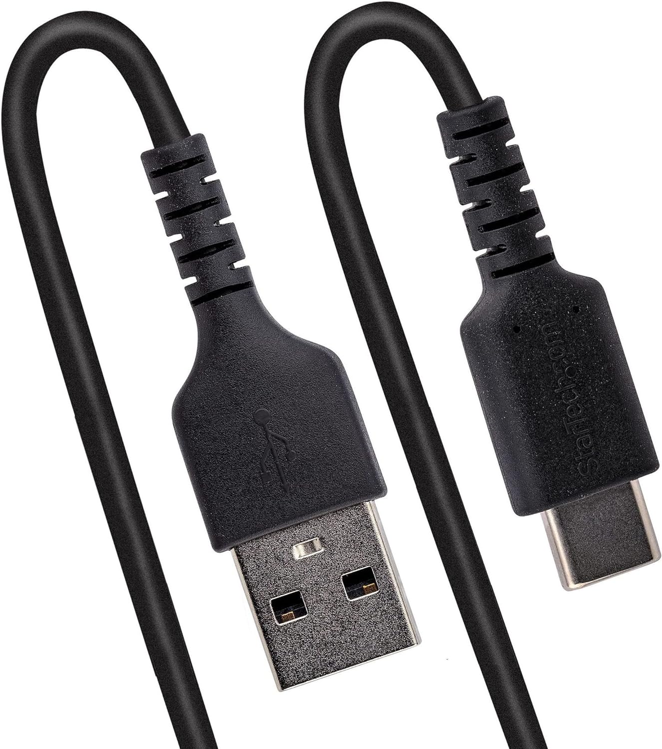 StarTech.com 3ft (1m) USB A to C Charging Cable, Coiled Heavy Duty Fast Charge & Sync USB-C Cable, USB 2.0 A to Type-C Cable, Rugged Aramid Fiber, Durable Male to Male USB, Black (R2ACC-1M-USB-CABLE