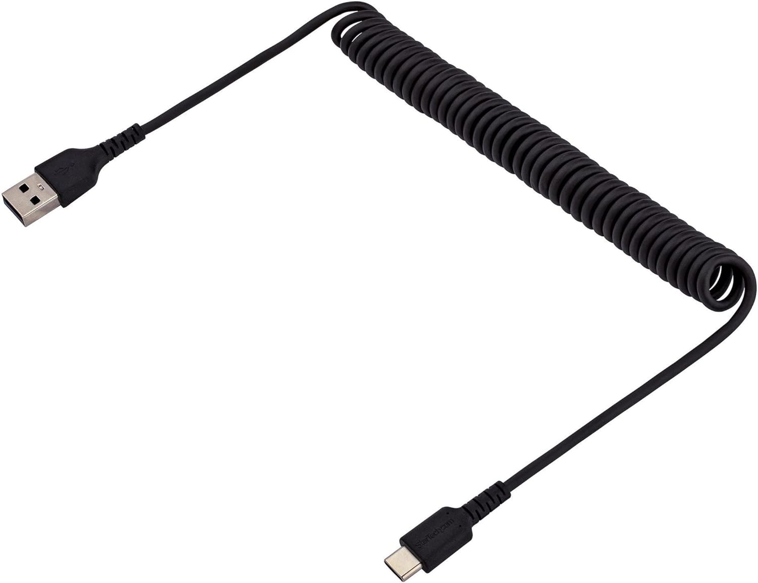 StarTech.com 3ft (1m) USB A to C Charging Cable, Coiled Heavy Duty Fast Charge & Sync USB-C Cable, USB 2.0 A to Type-C Cable, Rugged Aramid Fiber, Durable Male to Male USB, Black (R2ACC-1M-USB-CABLE