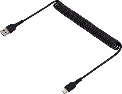 StarTech.com 3ft (1m) USB A to C Charging Cable, Coiled Heavy Duty Fast Charge & Sync USB-C Cable, USB 2.0 A to Type-C Cable, Rugged Aramid Fiber, Durable Male to Male USB, Black (R2ACC-1M-USB-CABLE