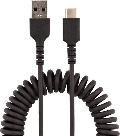 StarTech.com 3ft (1m) USB A to C Charging Cable, Coiled Heavy Duty Fast Charge & Sync USB-C Cable, USB 2.0 A to Type-C Cable, Rugged Aramid Fiber, Durable Male to Male USB, Black (R2ACC-1M-USB-CABLE