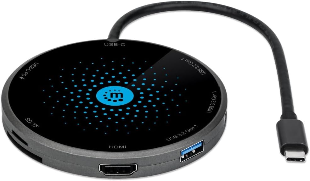 Manhattan USB-C Dock/Hub with Card Reader and Wireless Charging Pad, Ports (x5): USB-C to HDMI, USB-A (x3) and USB-C, With Power Delivery to USB-C Port (60W), Wireless 10W (Fast Charging), Black