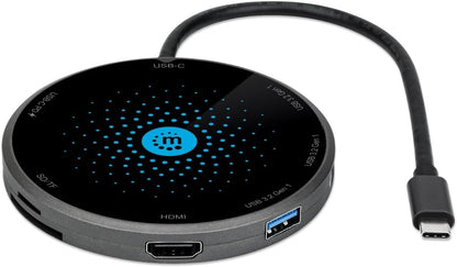 Manhattan USB-C Dock/Hub with Card Reader and Wireless Charging Pad, Ports (x5): USB-C to HDMI, USB-A (x3) and USB-C, With Power Delivery to USB-C Port (60W), Wireless 10W (Fast Charging), Black