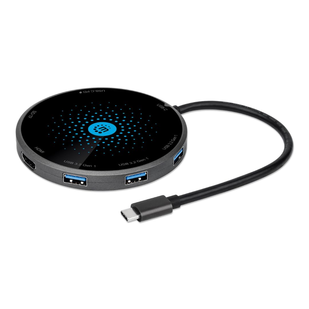 Manhattan USB-C Dock/Hub with Card Reader and Wireless Charging Pad, Ports (x5): USB-C to HDMI, USB-A (x3) and USB-C, With Power Delivery to USB-C Port (60W), Wireless 10W (Fast Charging), Black