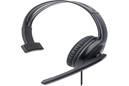 Manhattan Mono Over-Ear Headset (USB), Microphone Boom (padded), Retail Box Packaging, Adjustable Headband, In-Line Volume Control, Ear Cushion, USB-A for both sound and mic use, cable 1.5m