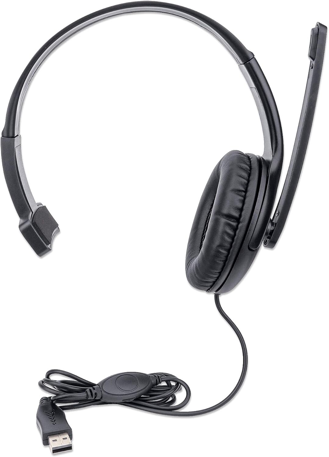 Manhattan Mono Over-Ear Headset (USB), Microphone Boom (padded), Retail Box Packaging, Adjustable Headband, In-Line Volume Control, Ear Cushion, USB-A for both sound and mic use, cable 1.5m