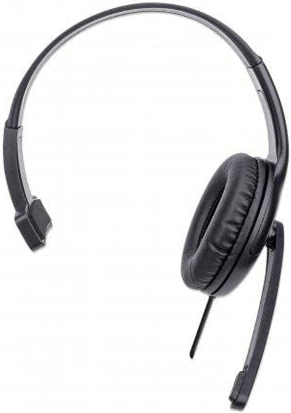 Manhattan Mono Over-Ear Headset (USB), Microphone Boom (padded), Retail Box Packaging, Adjustable Headband, In-Line Volume Control, Ear Cushion, USB-A for both sound and mic use, cable 1.5m