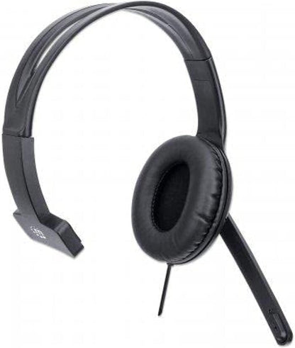 Manhattan Mono Over-Ear Headset (USB), Microphone Boom (padded), Retail Box Packaging, Adjustable Headband, In-Line Volume Control, Ear Cushion, USB-A for both sound and mic use, cable 1.5m