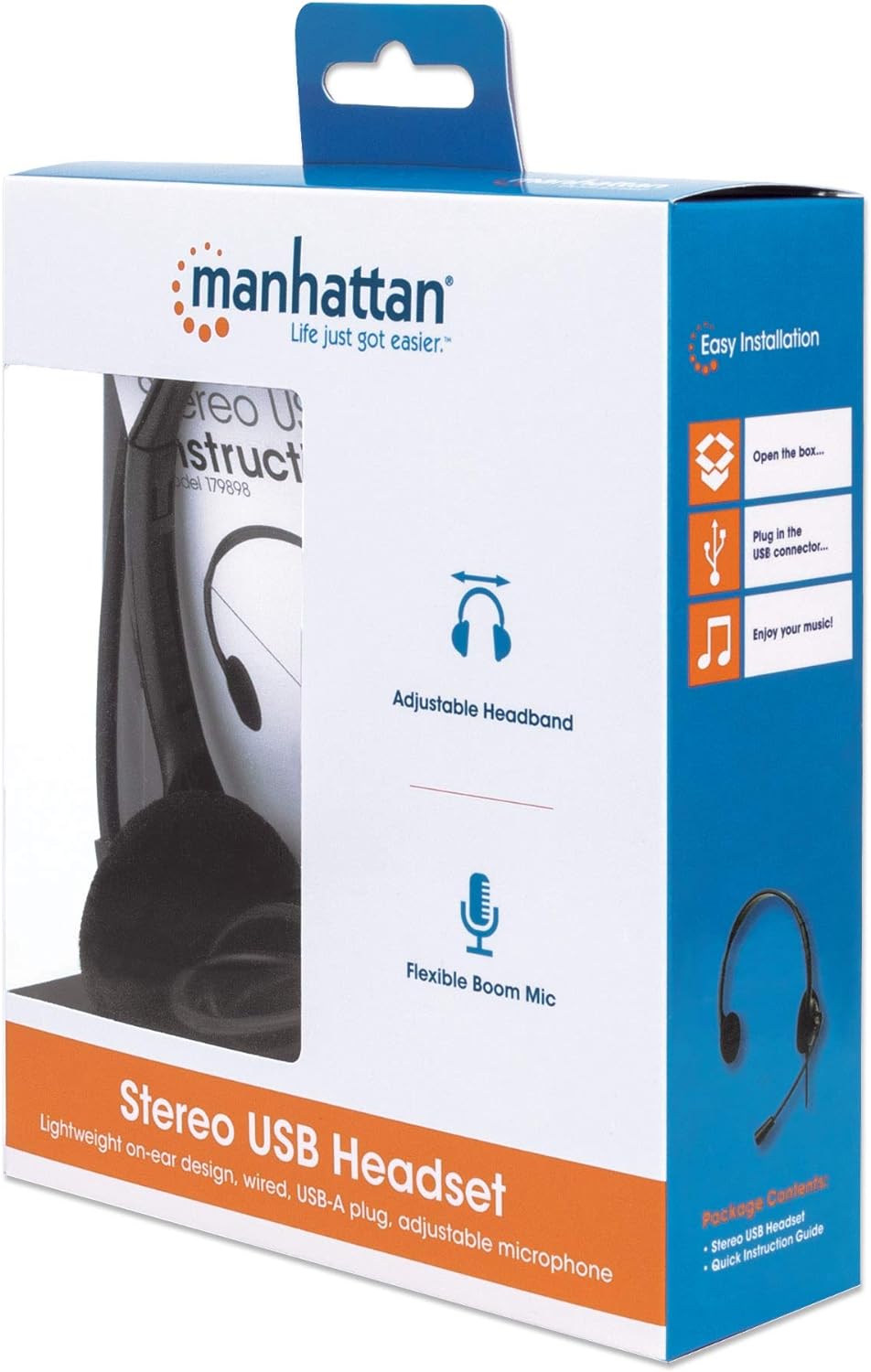 MANHATTAN USB-A HEADSET STEREO RETAIL BOX ON EAR ADJUSTABLE MICROPHONE IN
