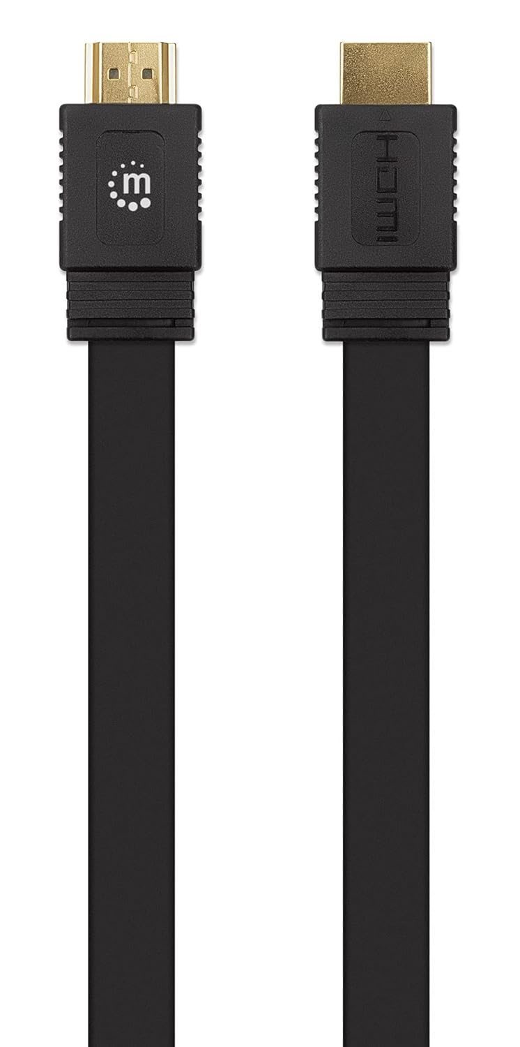 Manhattan HDMI Cable with Ethernet (Flat), 4K@60Hz (Premium High Speed), 0.5m, Male to Male, Black, Ultra HD 4k x 2k, Fully Shielded, Gold Plated Contacts, Polybag
