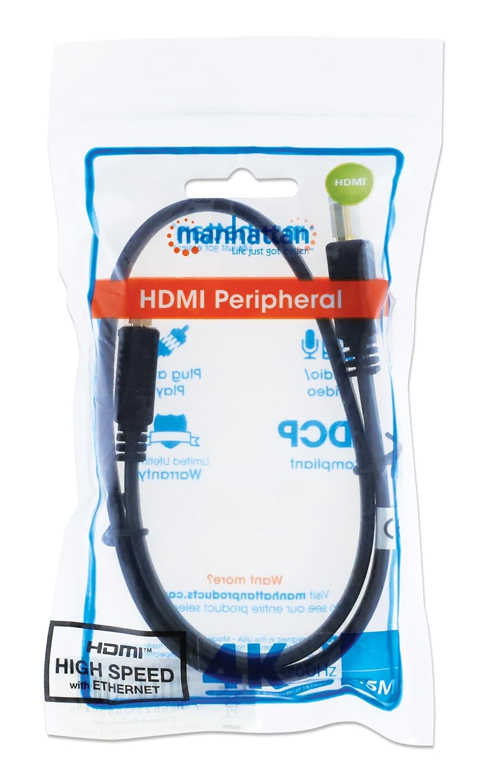 Manhattan HDMI Cable with Ethernet (Flat), 4K@60Hz (Premium High Speed), 0.5m, Male to Male, Black, Ultra HD 4k x 2k, Fully Shielded, Gold Plated Contacts, Polybag