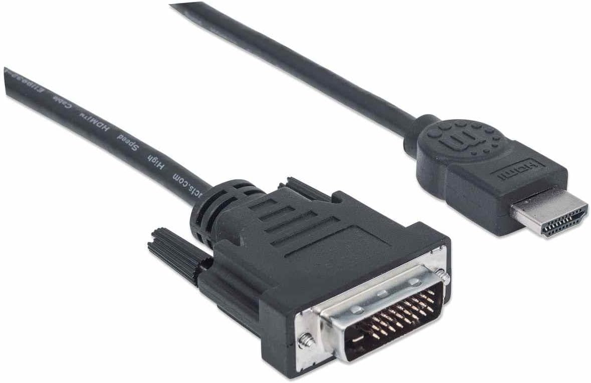 Manhattan HDMI to DVI-D 24+1 Cable, 2m, Male to Male, Black, Equivalent to Startech HDDVIMM2M, Dual Link, Compatible with DVD-D, Polybag