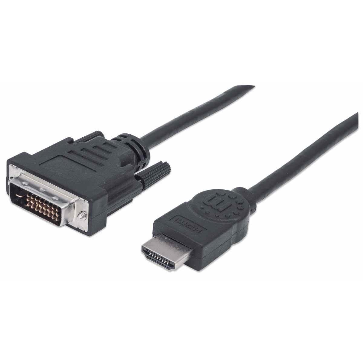 Manhattan HDMI to DVI-D 24+1 Cable, 2m, Male to Male, Black, Equivalent to Startech HDDVIMM2M, Dual Link, Compatible with DVD-D, Polybag
